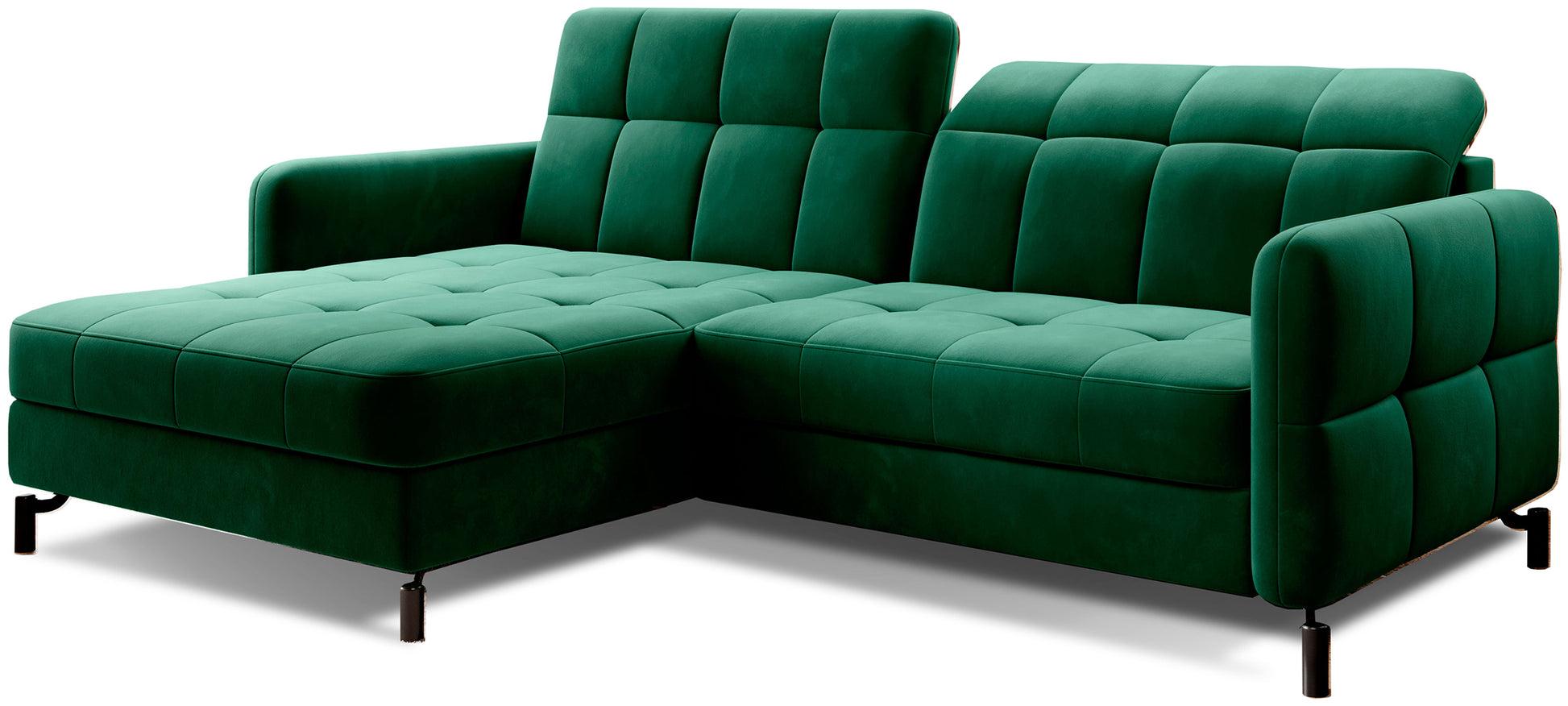 Zielony narożnik Lorelle w tkaninie Kronos 19 w układzie lewym, prezentacja na białym tle.