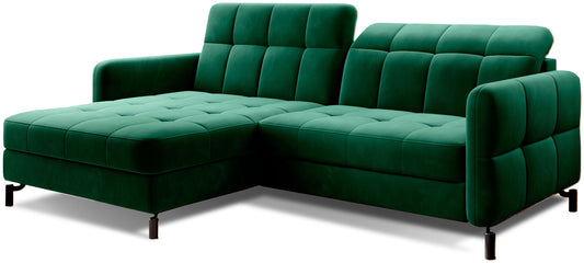 Zielony narożnik Lorelle w tkaninie Kronos 19 w układzie lewym, prezentacja na białym tle.