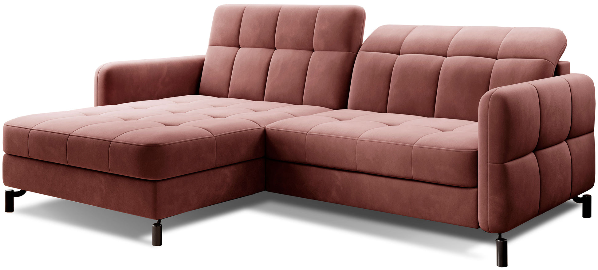 Narożnik Lorelle w kolorze Kronos 29 różowy, układ lewy, widok na całość mebla z pikowanym siedziskiem i oparciem, tapicerka welurowa.