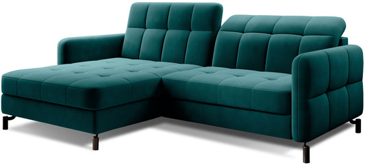 Narożnik Lorelle w kolorze Matt Velvet 75 zielony, układ lewy, widok na całość mebla na białym tle.