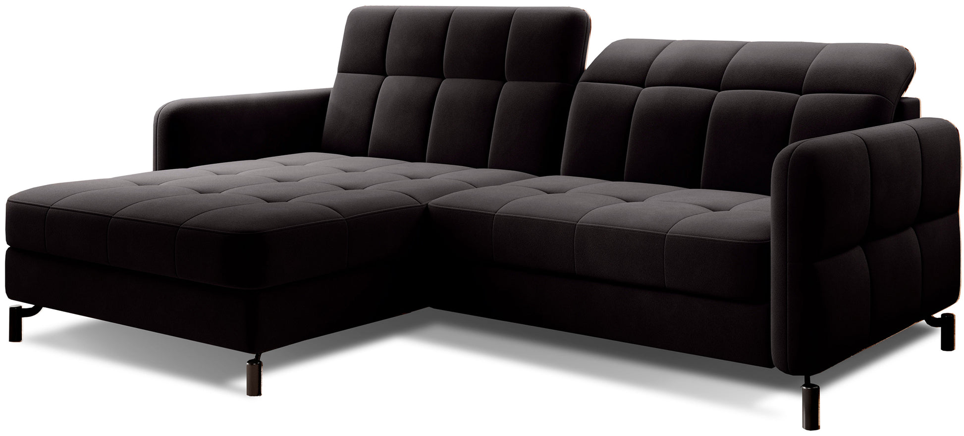 Czarny narożnik Lorelle w tkaninie Matt Velvet 99 w układzie lewym, widok studyjny na białym tle.