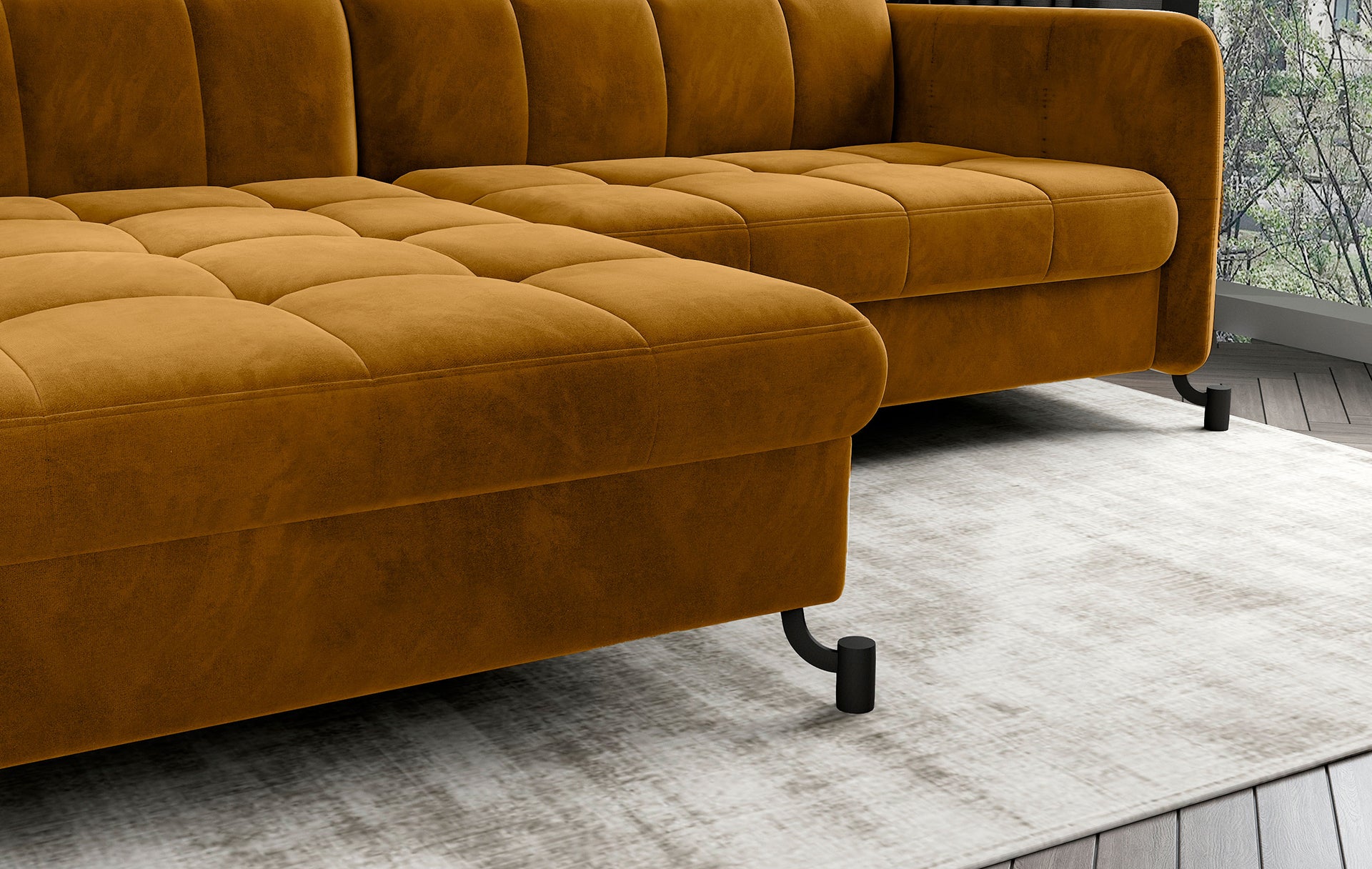 Zbliżenie na siedzisko i nóżki narożnika Lorelle Monolith 48 żółty w układzie lewym, ukazujące detale obicia i pikowania.