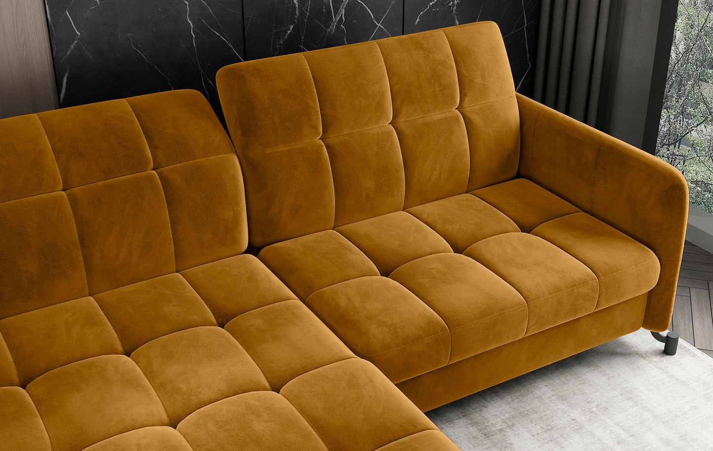 Widok z góry na narożnik Lorelle w tkaninie Monolith 48 żółty w układzie lewym, podkreślający jego kształt i nowoczesne wykończenie.