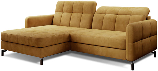 Narożnik Lorelle w tkaninie Monolith 48 żółty w układzie lewym, prezentowany na białym tle.