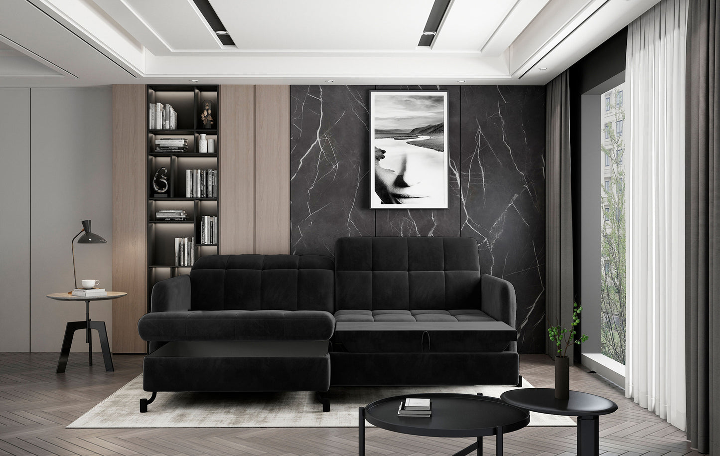 Nowoczesny narożnik Lorelle w kolorze ciemnoszarym Monolith 97 w układzie lewym w eleganckim salonie z dekoracyjną ścianą i biblioteczką.