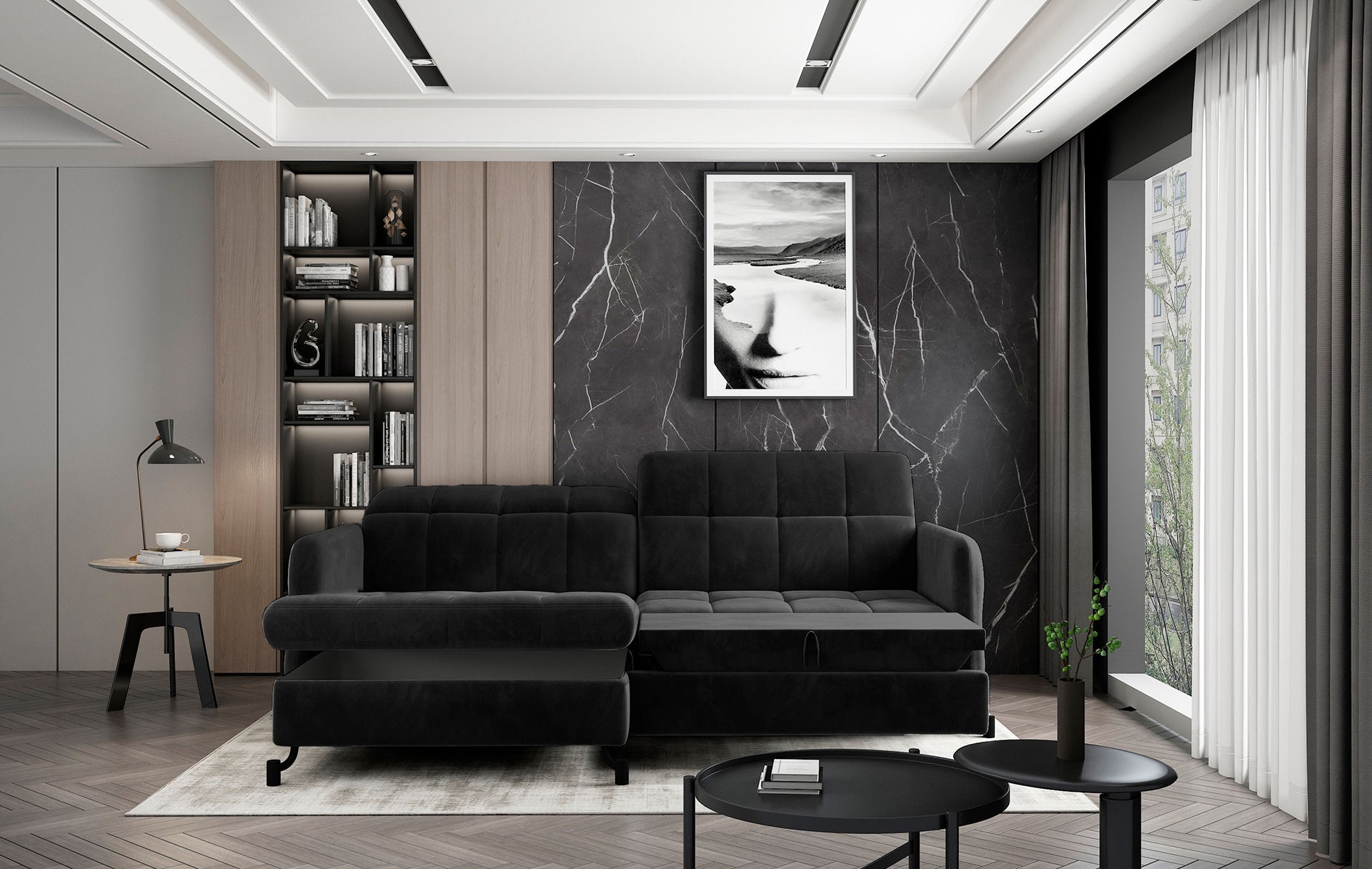 Nowoczesny narożnik Lorelle w kolorze ciemnoszarym Monolith 97 w układzie lewym w eleganckim salonie z dekoracyjną ścianą i biblioteczką.