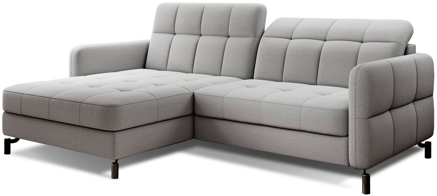 Narożnik Lorelle w kolorze Omega 02 jasnoszary, układ lewy, widok studyjny na białym tle.