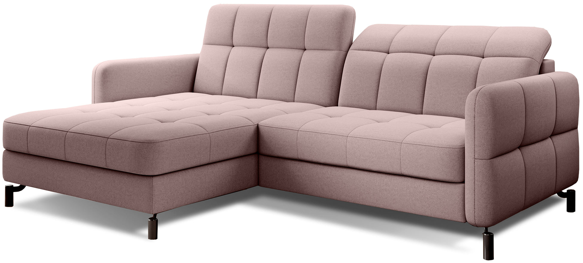 Narożnik Lorelle w kolorze Omega 91 jasnoróżowy, układ lewy, widok studyjny na białym tle, nowoczesny design z pikowanym siedziskiem i oparciem.