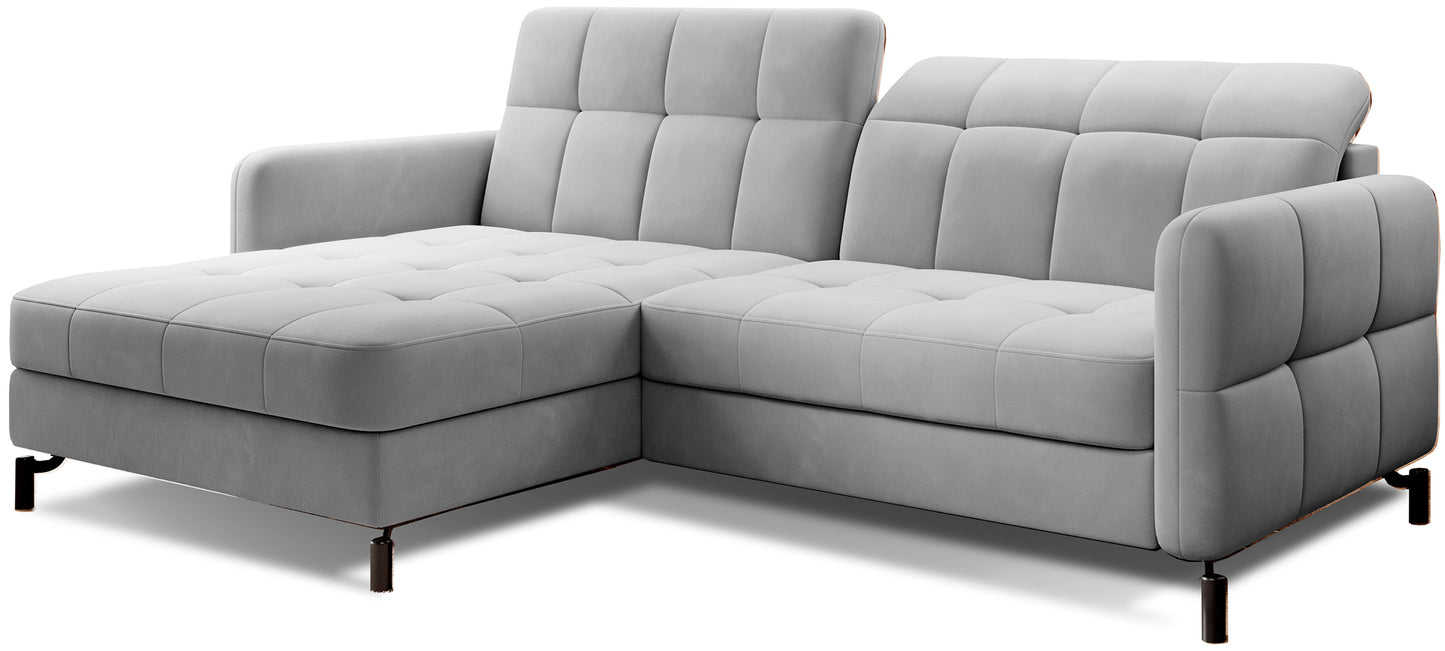 Narożnik Lorelle w kolorze Paros 05 jasnoszary w układzie lewym, widok na całość mebla na białym tle.