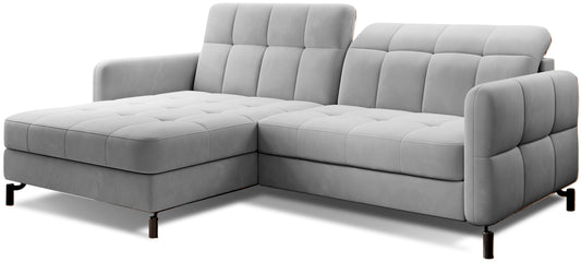 Narożnik Lorelle w kolorze Paros 05 jasnoszary w układzie lewym, widok na całość mebla na białym tle.