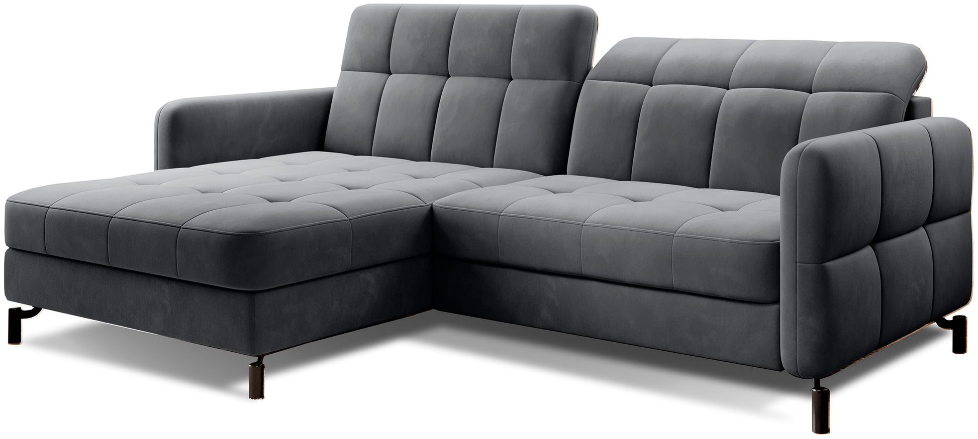 Narożnik Lorelle w kolorze Paros 06 ciemnoszary, układ lewy, nowoczesny design z miękkim pikowaniem i prostymi podłokietnikami.