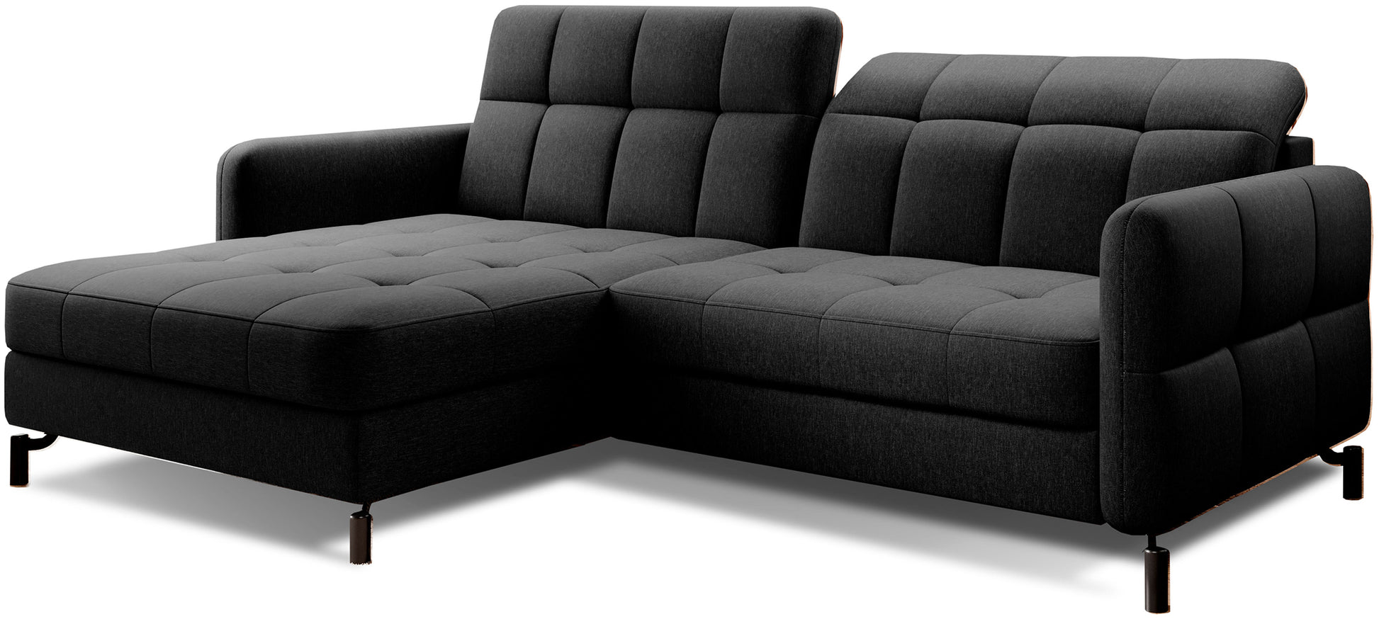 Narożnik Lorelle w kolorze Sawana 14 czarny, układ lewy, widok na całość mebla na białym tle.