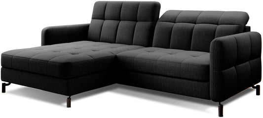 Narożnik Lorelle w kolorze Sawana 14 czarny, układ lewy, widok na całość mebla na białym tle.