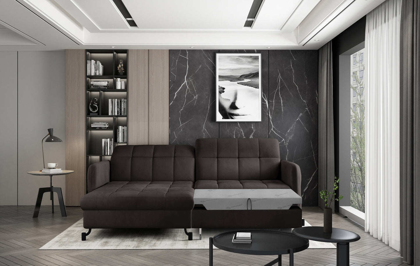 Brązowy narożnik Lorelle w tkaninie Velvet 29, układ lewy, z rozłożoną funkcją spania w nowoczesnym wnętrzu.