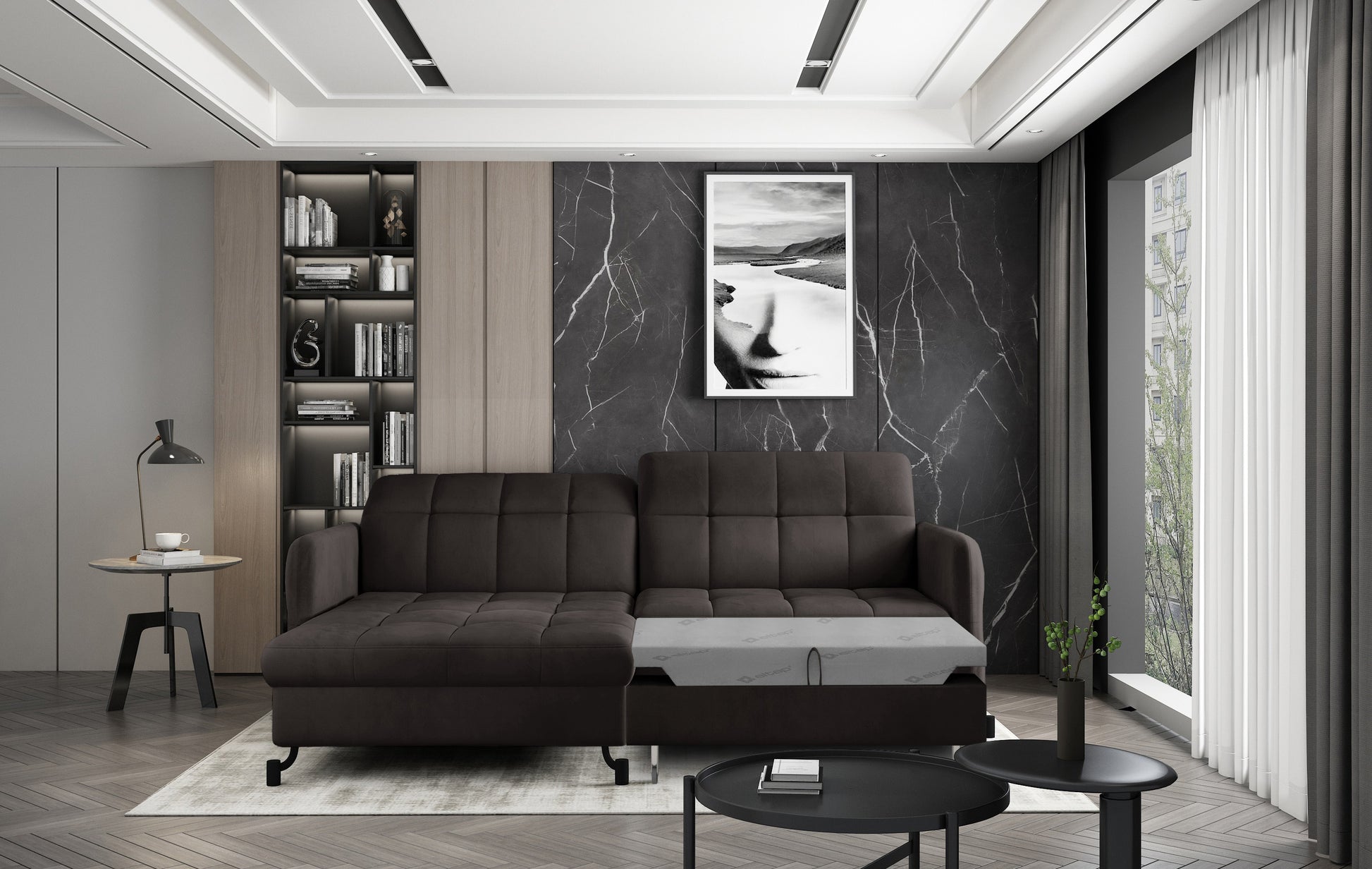 Brązowy narożnik Lorelle w tkaninie Velvet 29, układ lewy, z rozłożoną funkcją spania w nowoczesnym wnętrzu.