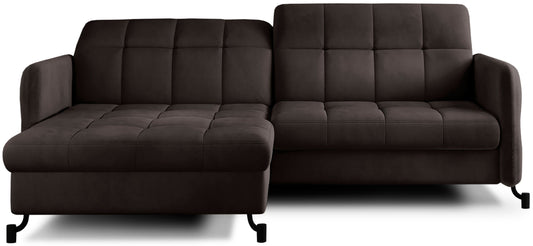 Brązowy narożnik Lorelle w tkaninie Velvet 29, układ lewy, widok na całość mebla na białym tle.