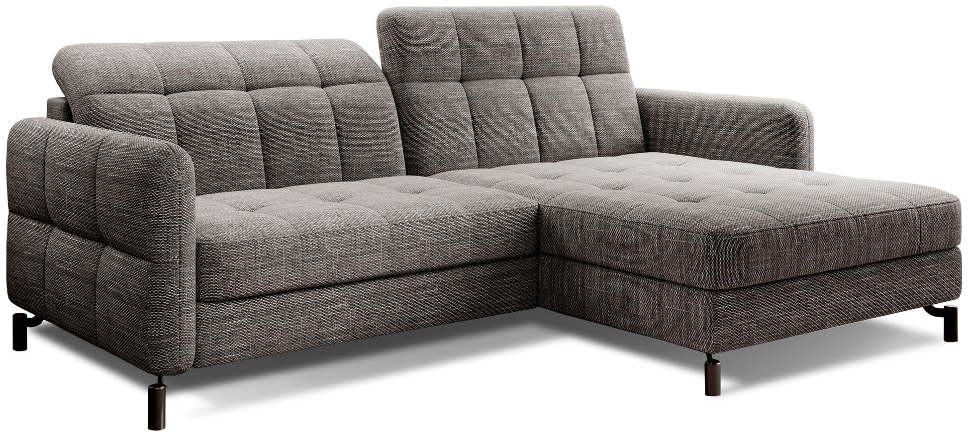 Narożnik Lorelle w kolorze Berlin 01 szary, układ prawy, tapicerowany tkaniną o wyraźnej strukturze, widok studyjny.