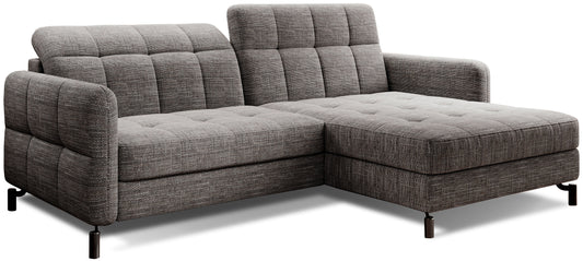 Narożnik Lorelle w kolorze Berlin 01 szary, układ prawy, tapicerowany tkaniną o wyraźnej strukturze, widok studyjny.