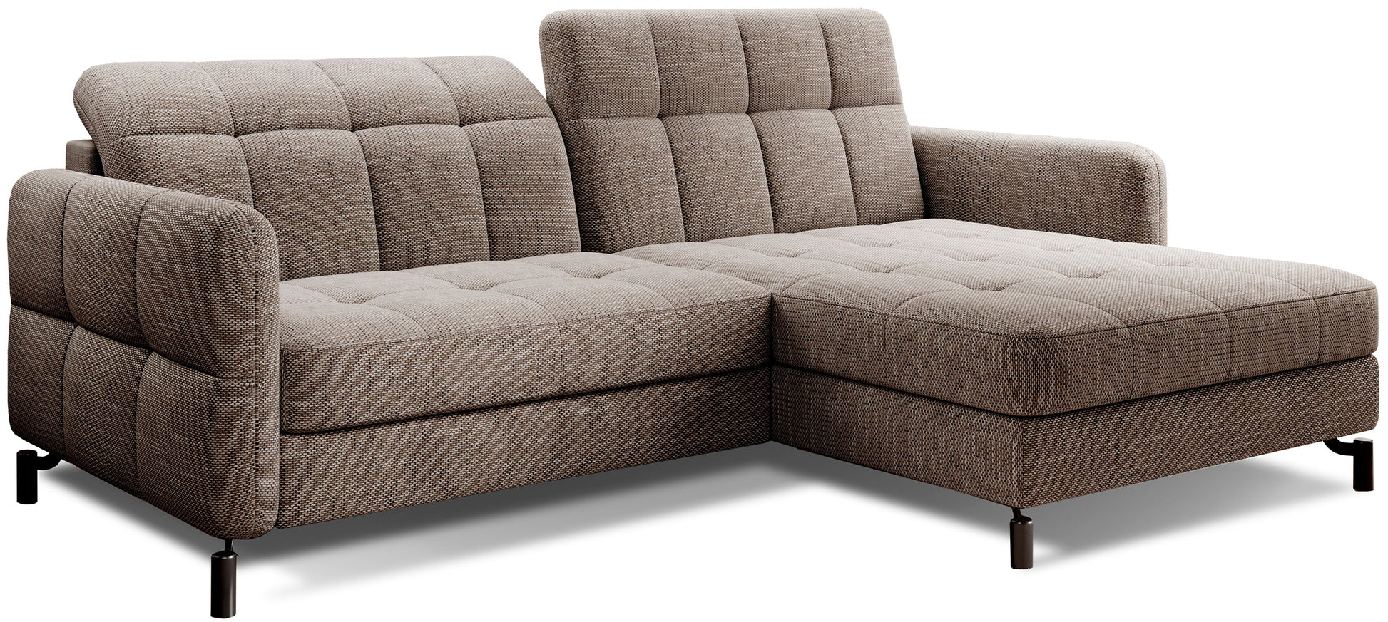 Narożnik Lorelle w kolorze Berlin 03 ciemnobeżowy, układ prawy, widok na całość mebla na białym tle.