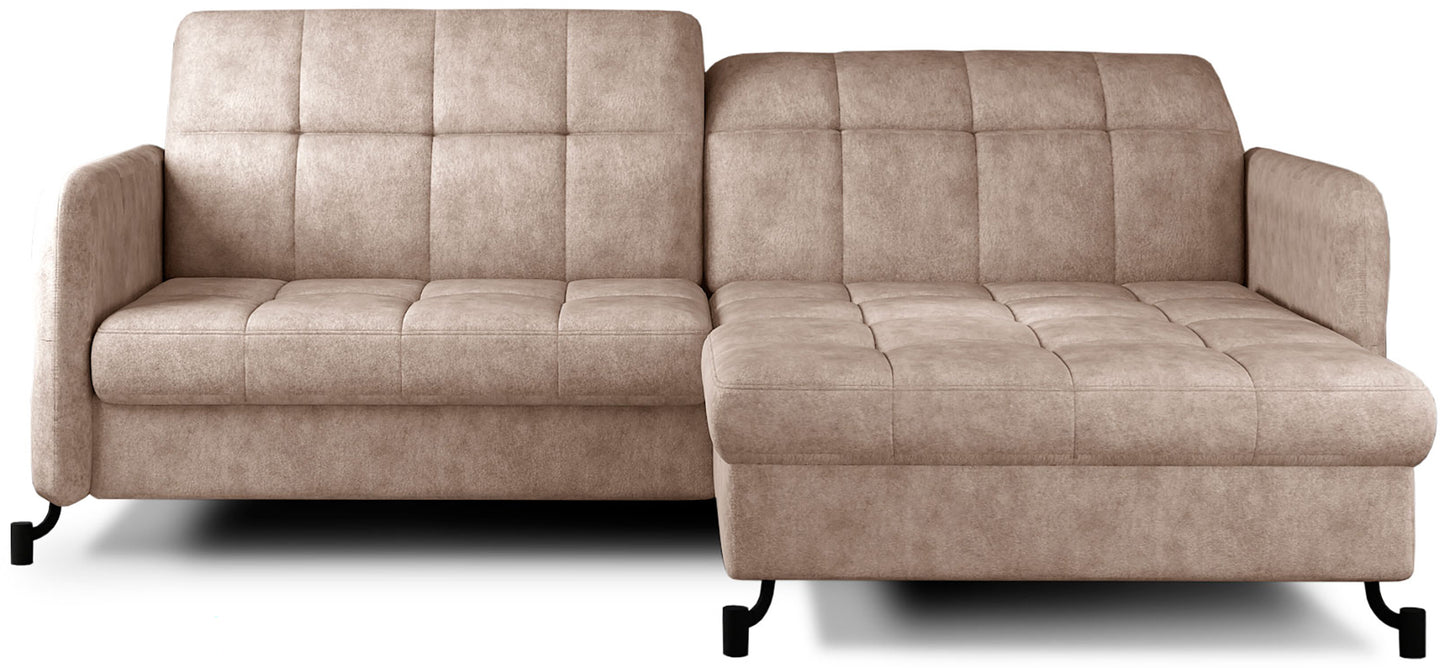 Narożnik Lorelle w kolorze Dora 21 beżowy, układ prawy, widok studyjny na białym tle.