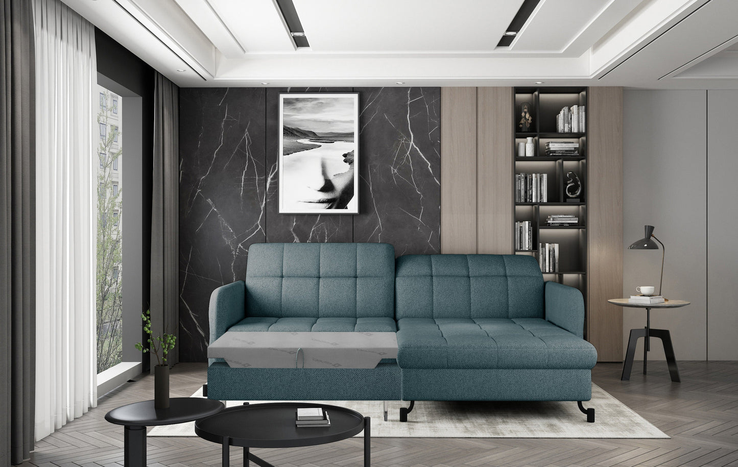 Narożnik Lorelle w kolorze Grande 75 zielony, układ prawy, rozkładany do funkcji spania w nowoczesnym salonie.