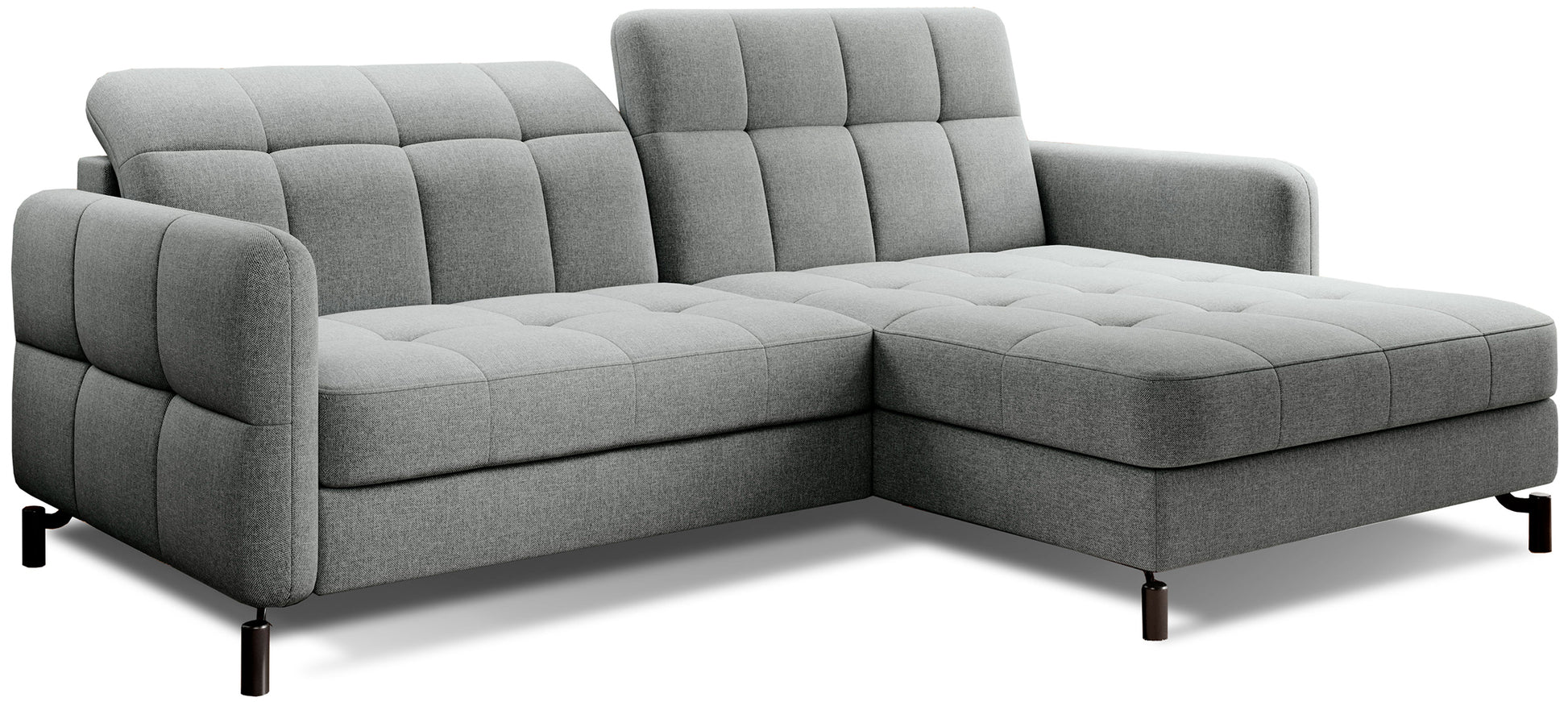 Szary narożnik Lorelle Inari 91 w układzie prawym na białym tle, z pikowanymi poduszkami oparcia i prostymi podłokietnikami.