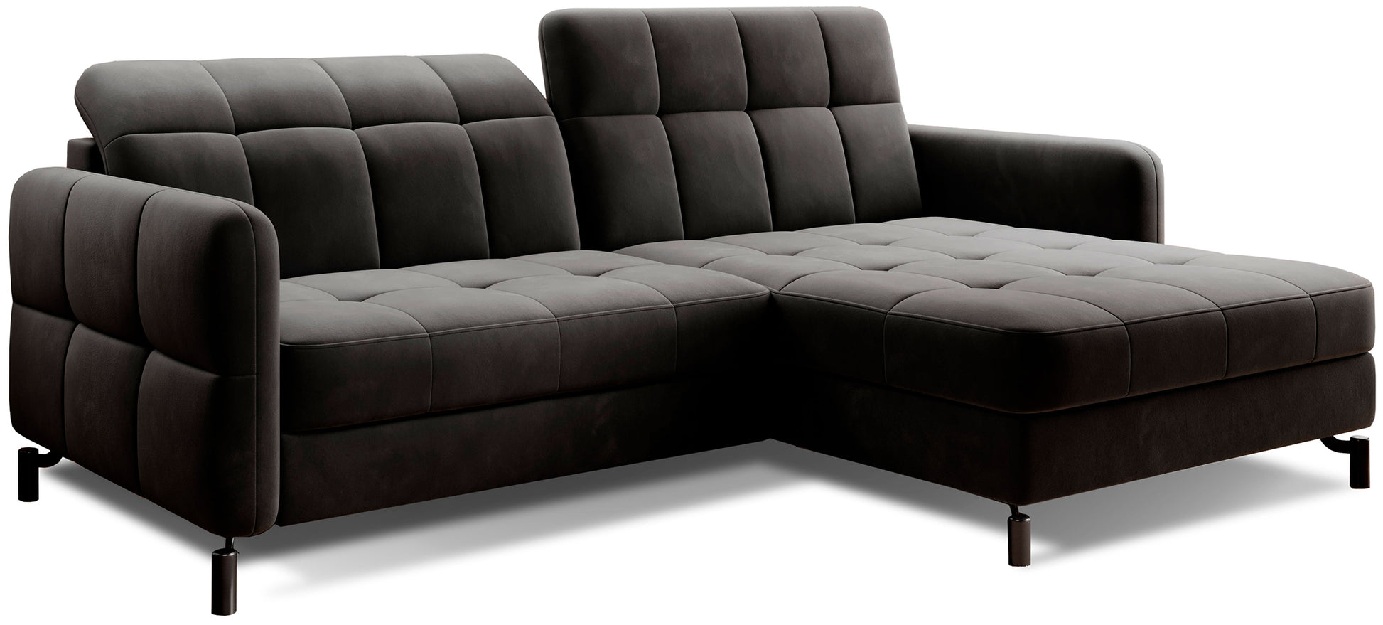 Narożnik Lorelle w kolorze Kronos 07 czarny, układ prawy, widok na całość mebla na białym tle.