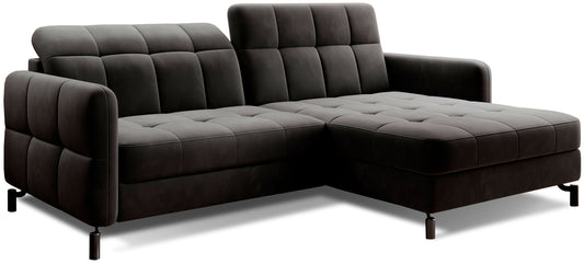 Narożnik Lorelle w kolorze Kronos 07 czarny, układ prawy, widok na całość mebla na białym tle.