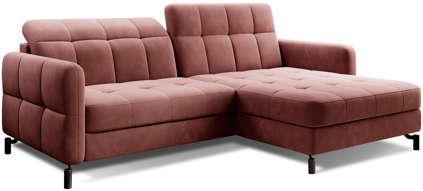 Narożnik Lorelle w kolorze Kronos 29 różowy, układ prawy, widok na całość mebla na białym tle.