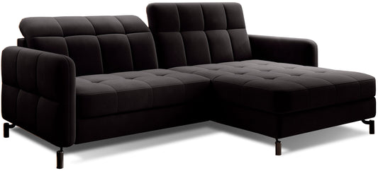 Czarny narożnik Lorelle w układzie prawym, widok studyjny na białym tle, podkreślający pikowane siedziska i oparcia.