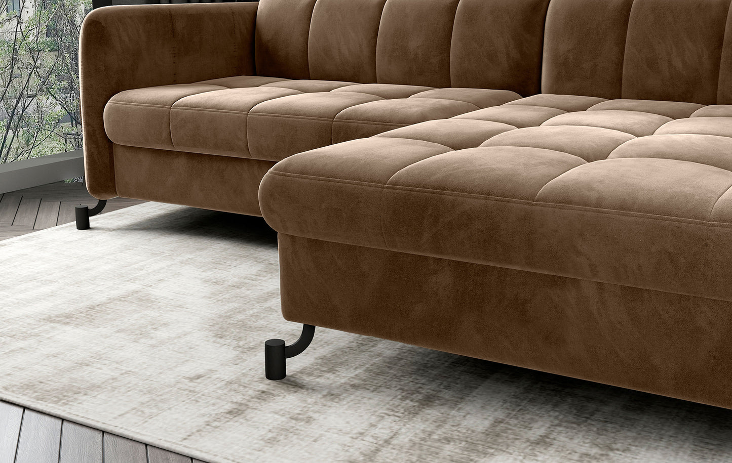 Zbliżenie na dolną część narożnika Lorelle w kolorze Monolith 09 jasnobrązowy, widoczne pikowania i metalowe nóżki.