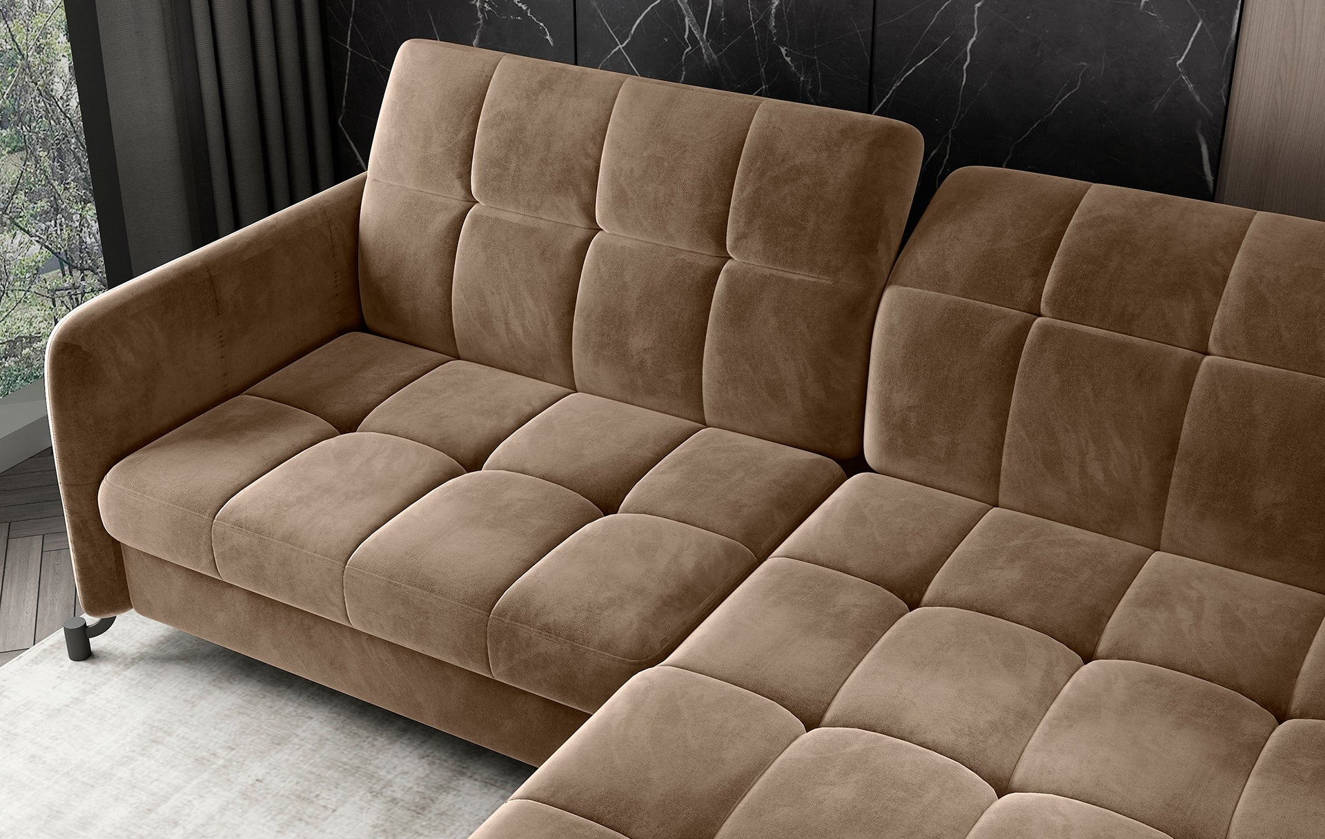 Widok z góry na narożnik Lorelle w kolorze jasnobrązowym Monolith 09, układ prawy, z podkreślonymi pikowanymi siedziskami i oparciami.