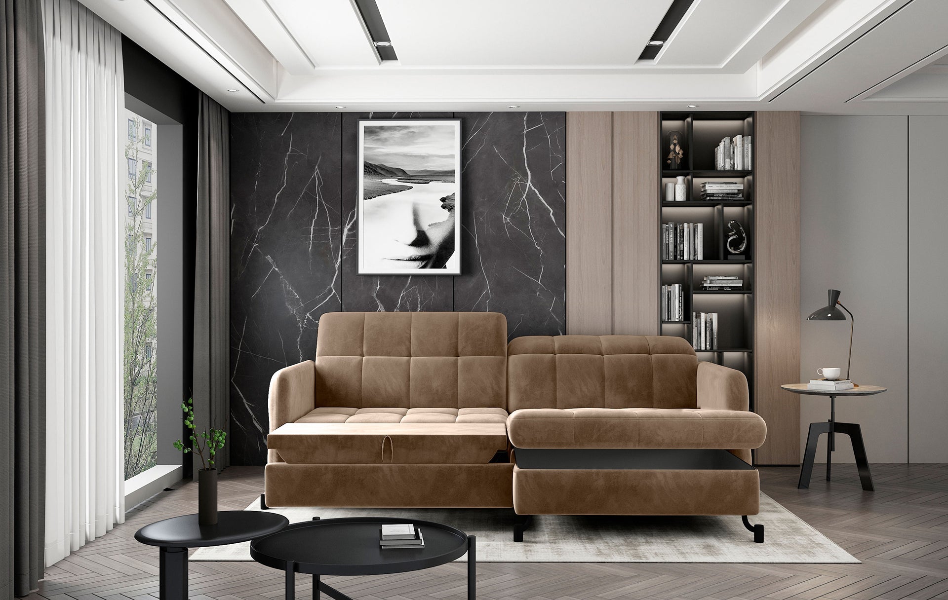 Narożnik Lorelle w kolorze jasnobrązowym Monolith 09 z funkcją spania w układzie prawym, rozkładany w eleganckim salonie.