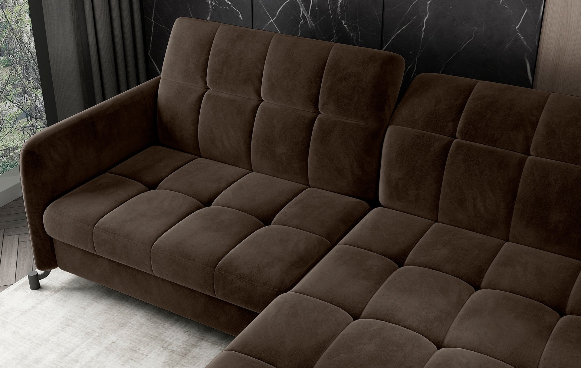 Widok z góry narożnika Lorelle w kolorze Monolith 29 brązowy, układ prawy, z wyraźnie widoczną strukturą pikowanego siedziska i oparcia.