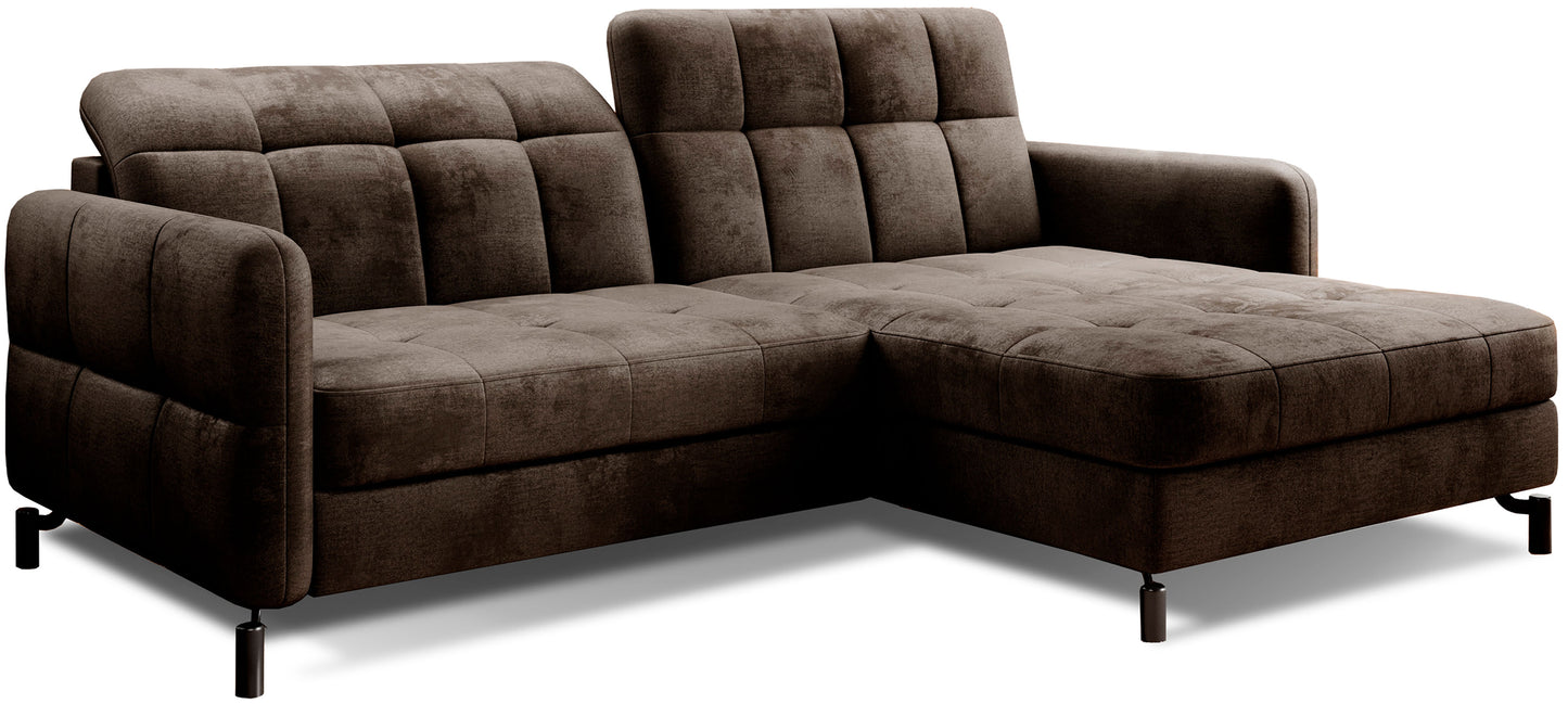 Narożnik Lorelle w kolorze Monolith 29 brązowy, układ prawy, widok na białym tle z podkreśleniem pikowanego siedziska i oparcia.