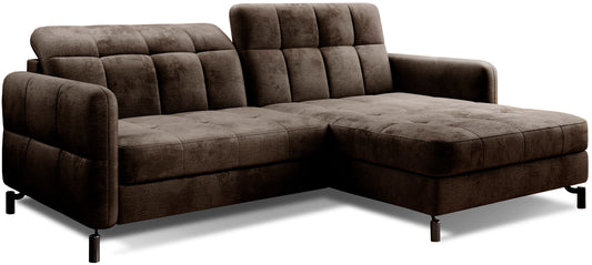 Narożnik Lorelle w kolorze Monolith 29 brązowy, układ prawy, widok na białym tle z podkreśleniem pikowanego siedziska i oparcia.