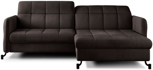 Brązowy narożnik Lorelle w tkaninie Matt Velvet 24 w układzie prawym, widok na całość mebla na białym tle.