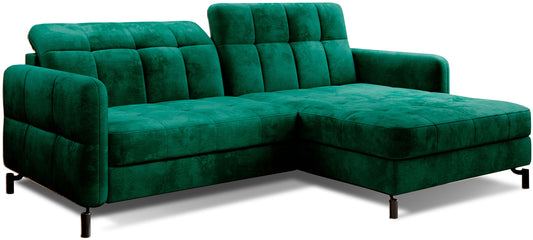 Narożnik Lorelle w kolorze Monolith 37 zielony, układ prawy, widok studyjny na białym tle.