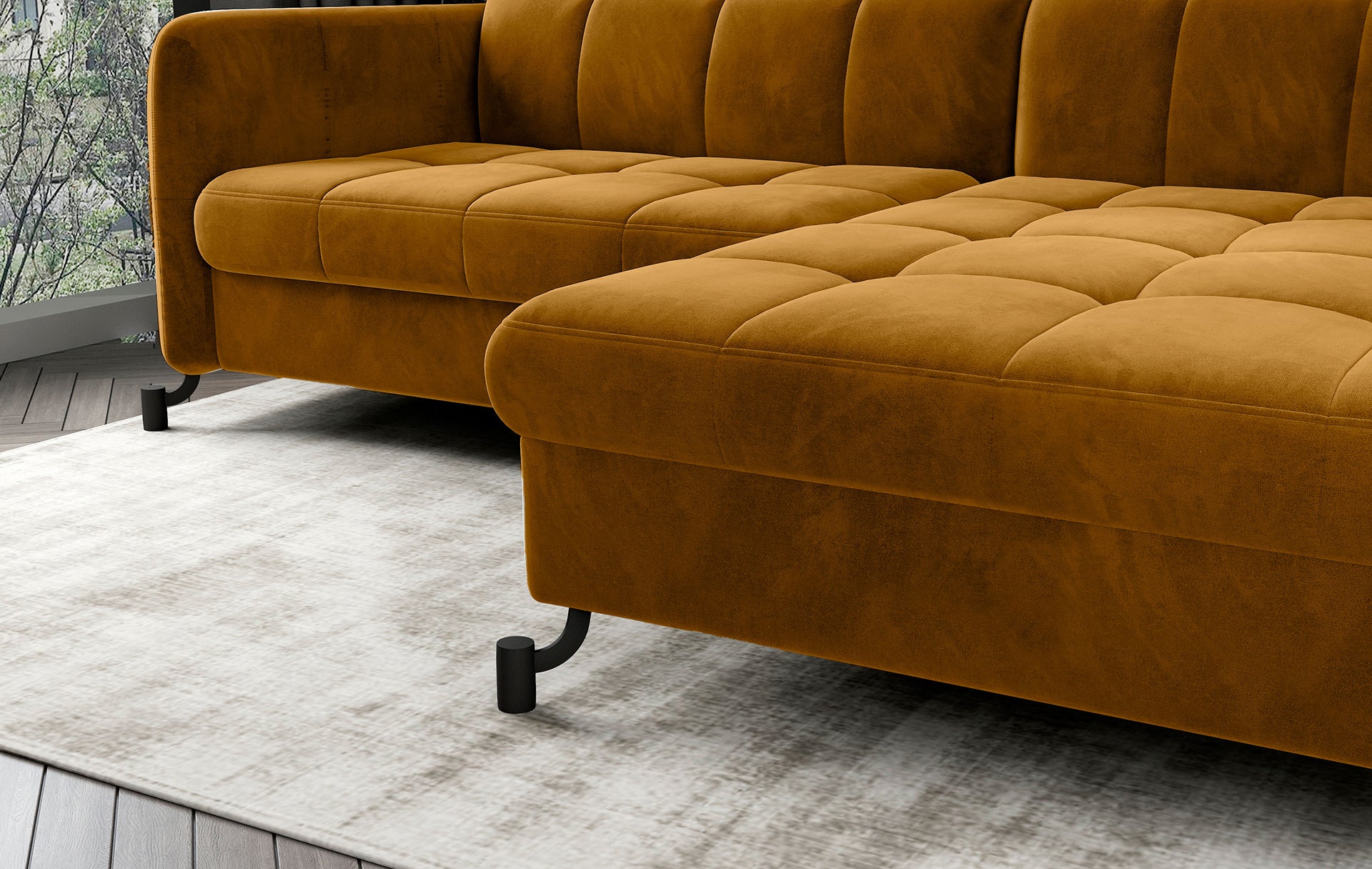 Zbliżenie na siedzisko narożnika Lorelle Monolith 48 żółty, prezentujące pikowania i miękką tapicerkę.