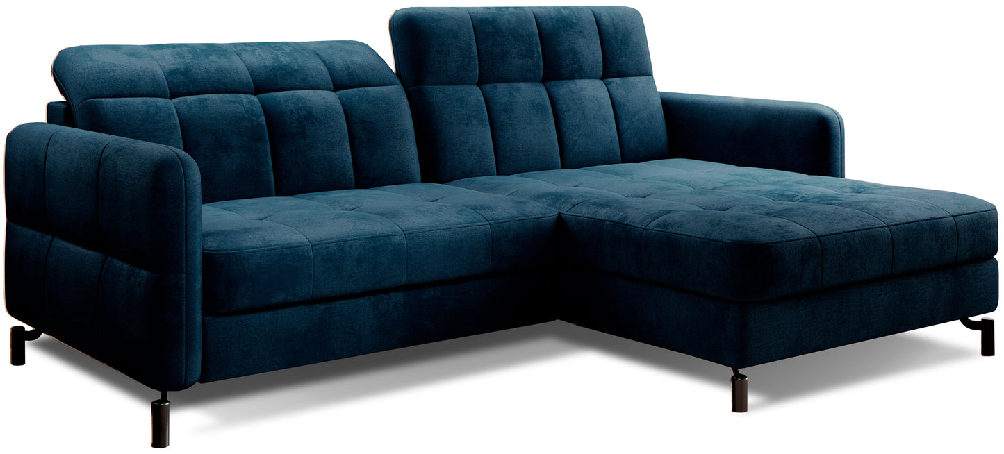 Narożnik Lorelle w kolorze Monolith 77 niebieski w układzie prawym, widok studyjny na białym tle.