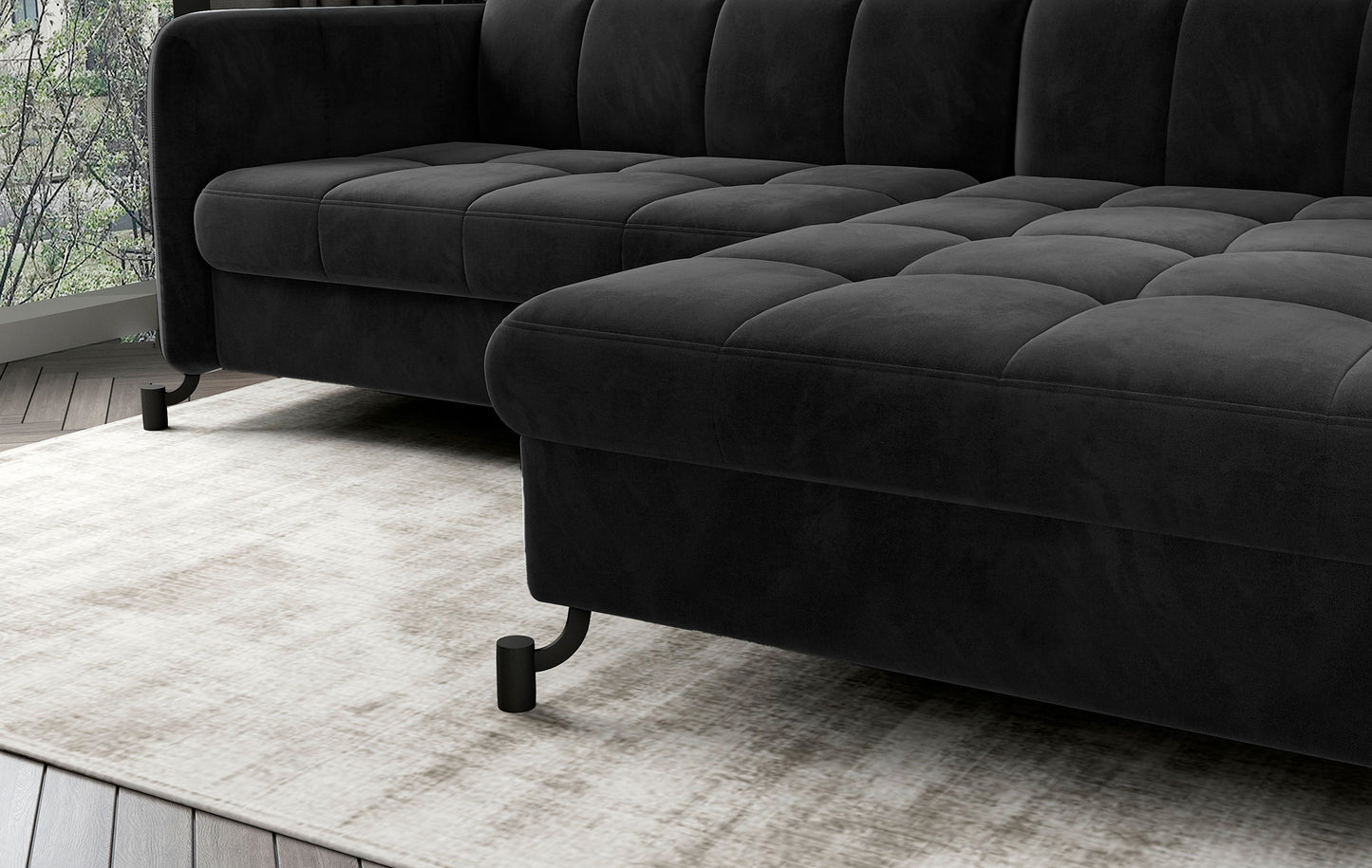 Zbliżenie na siedzisko narożnika Lorelle Monolith 97 ciemnoszary z widocznymi pikowaniami i miękką tapicerką.