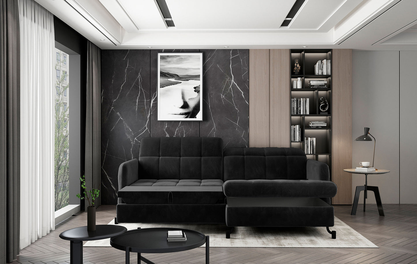 Narożnik Lorelle Monolith 97 ciemnoszary rozłożony w funkcji spania, ustawiony w nowoczesnym salonie z ciemną ścianą dekoracyjną i biblioteczką.
