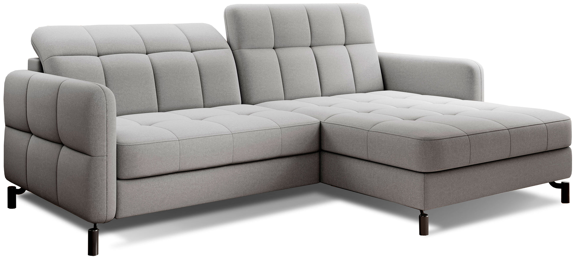 Narożnik Lorelle w kolorze Omega 02 jasnoszary, układ prawy, zaprezentowany na białym tle z wyraźnie widocznym pikowanym siedziskiem i oparciem.