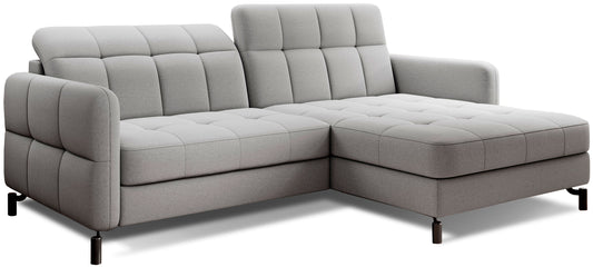 Narożnik Lorelle w kolorze Omega 02 jasnoszary, układ prawy, zaprezentowany na białym tle z wyraźnie widocznym pikowanym siedziskiem i oparciem.