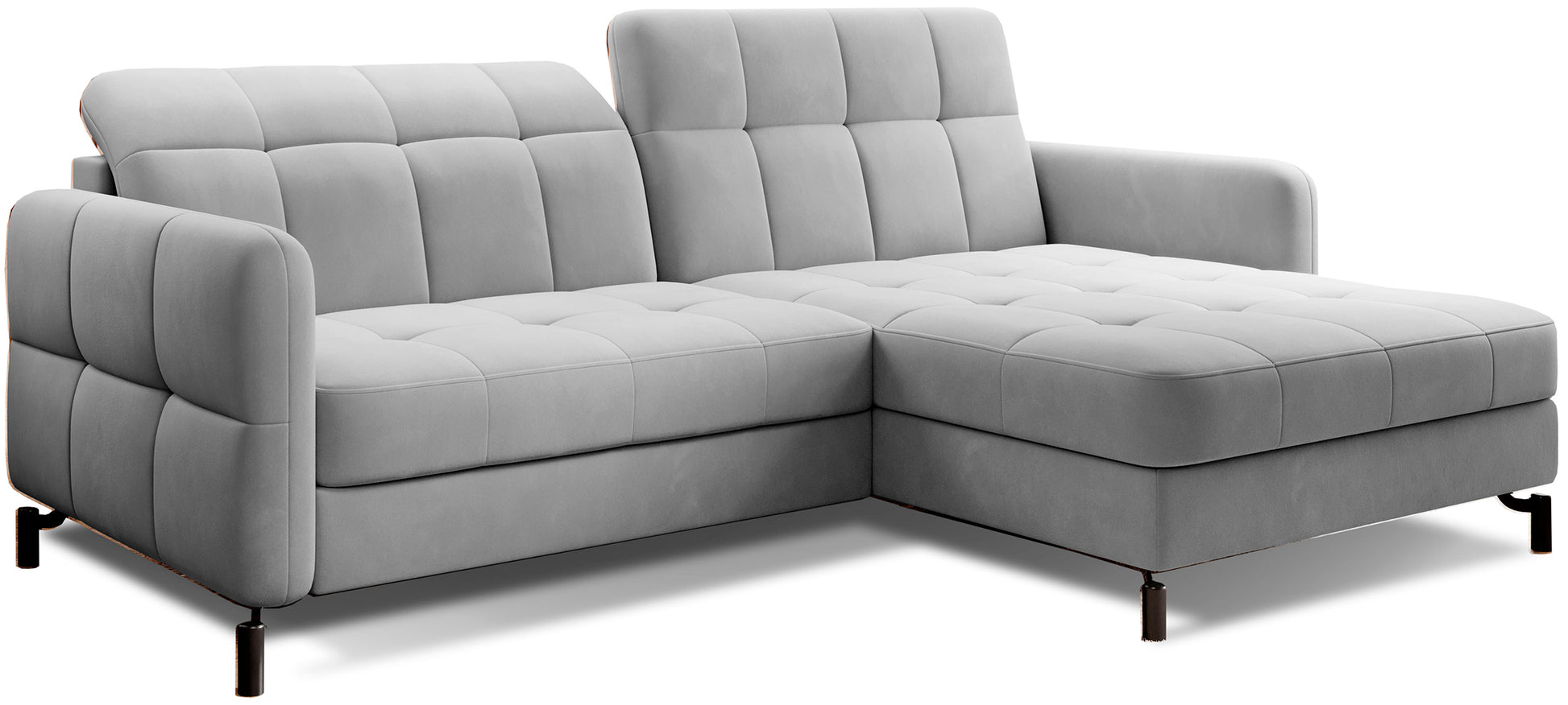 Narożnik Lorelle w kolorze Paros 05 jasnoszary, prawostronny układ, widok na sofę na białym tle z widocznym pikowaniem siedziska i oparcia.