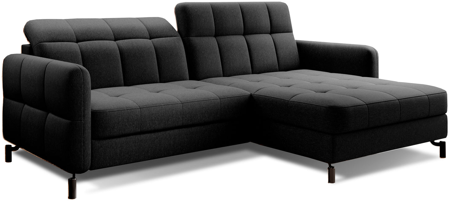 Narożnik Lorelle w kolorze Sawana 14 czarny, układ prawy, widok studyjny na białym tle.