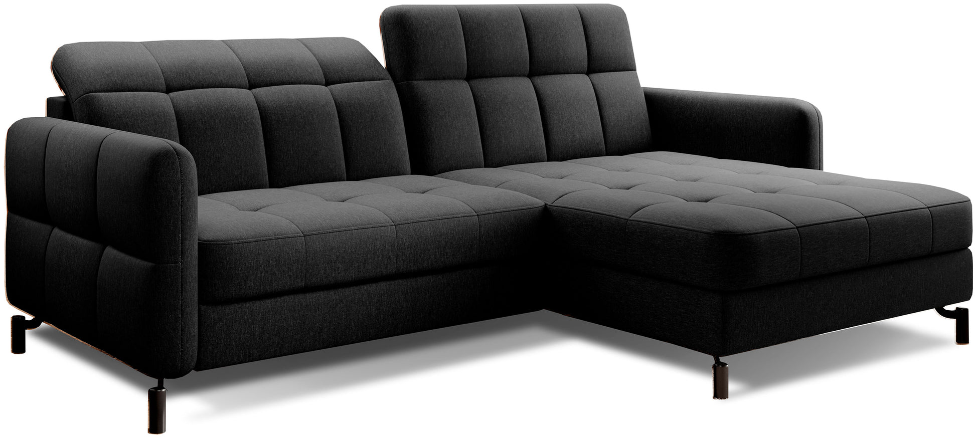 Narożnik Lorelle w kolorze Sawana 14 czarny, układ prawy, widok studyjny na białym tle.