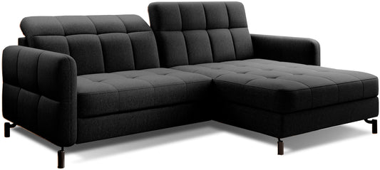 Narożnik Lorelle w kolorze Sawana 14 czarny, układ prawy, widok studyjny na białym tle.