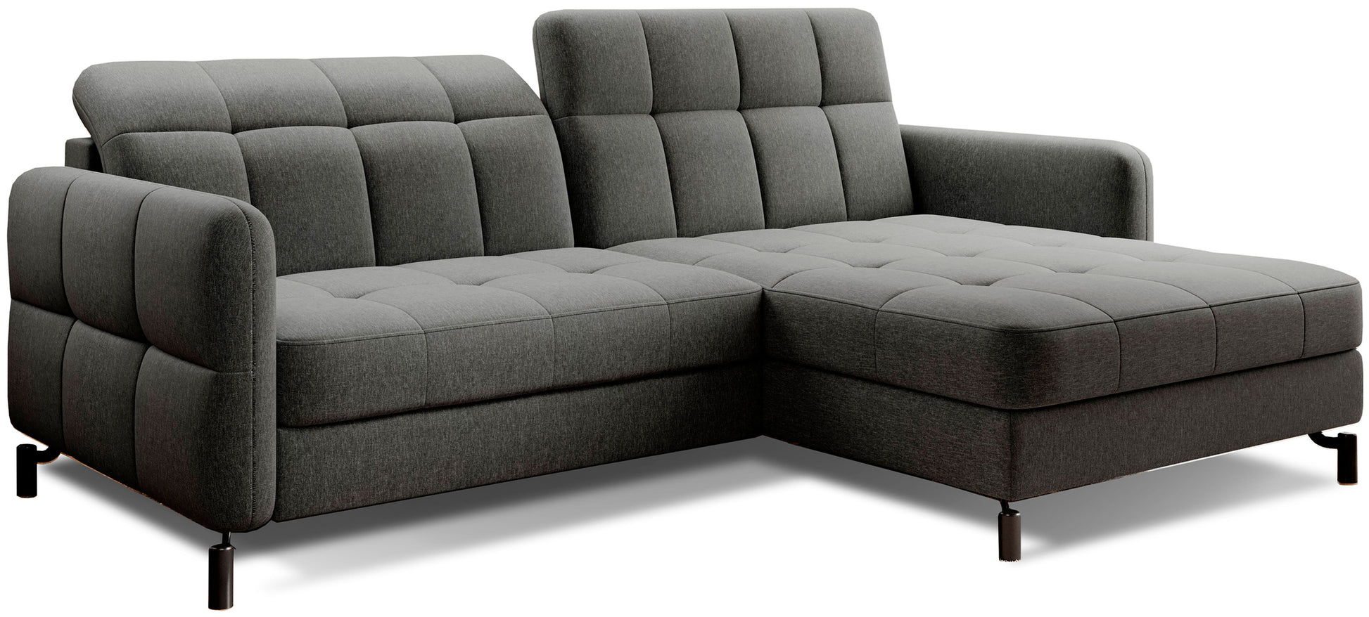 Narożnik Lorelle w kolorze Sawana 21 szary, układ prawy, widok na całość mebla na białym tle.