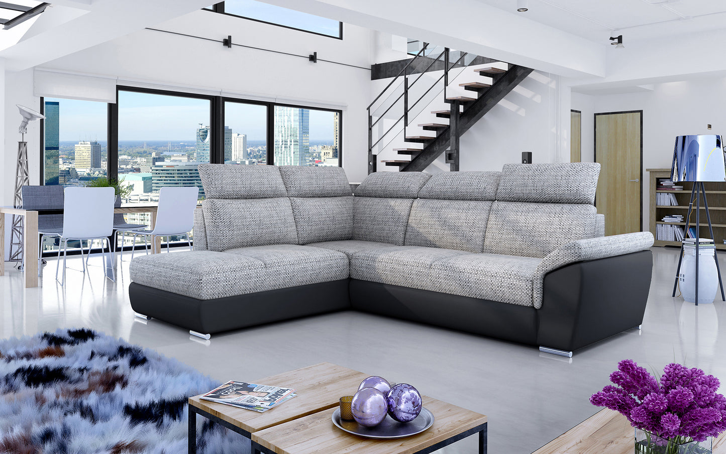 Narożnik Loreto w tkaninie Berlin 01 szary z czarną podstawą Soft 11 w nowoczesnej aranżacji salonu